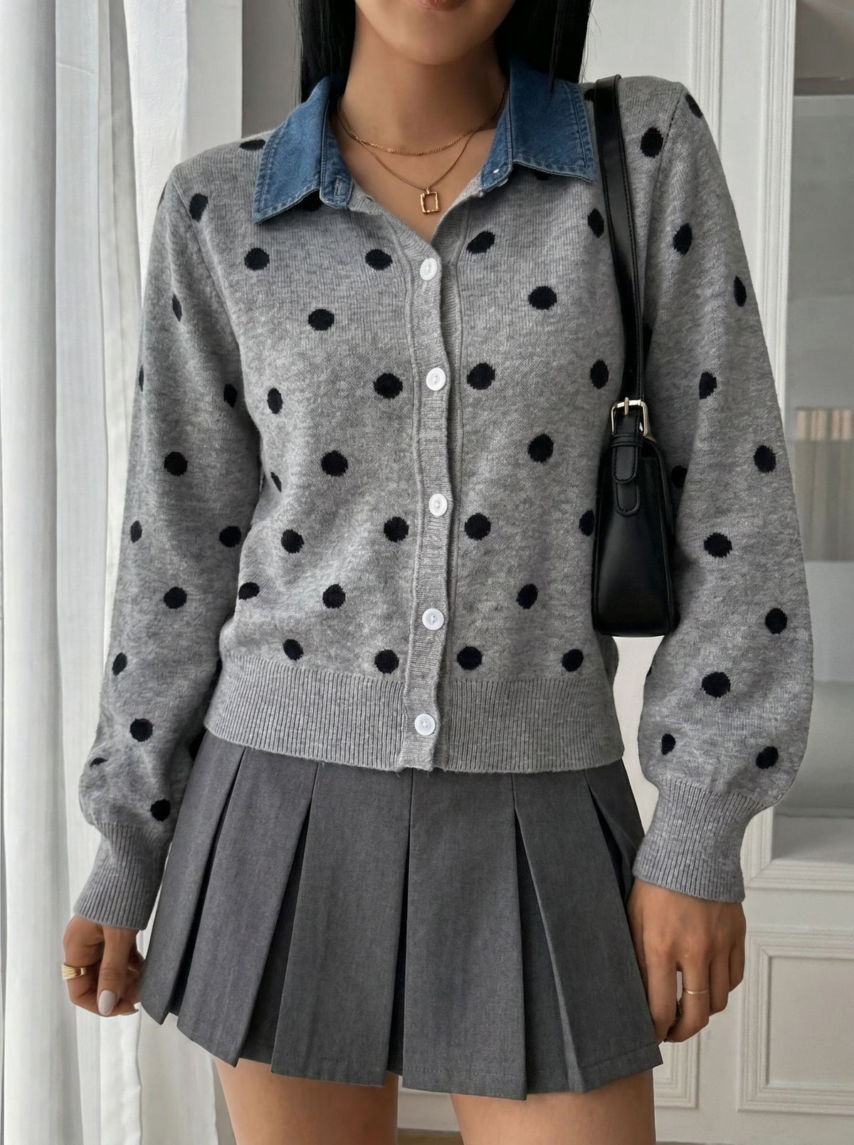 Polka-Dot Cardigan with Denim Collar in Heather Gray — front view on model with a mini skirt