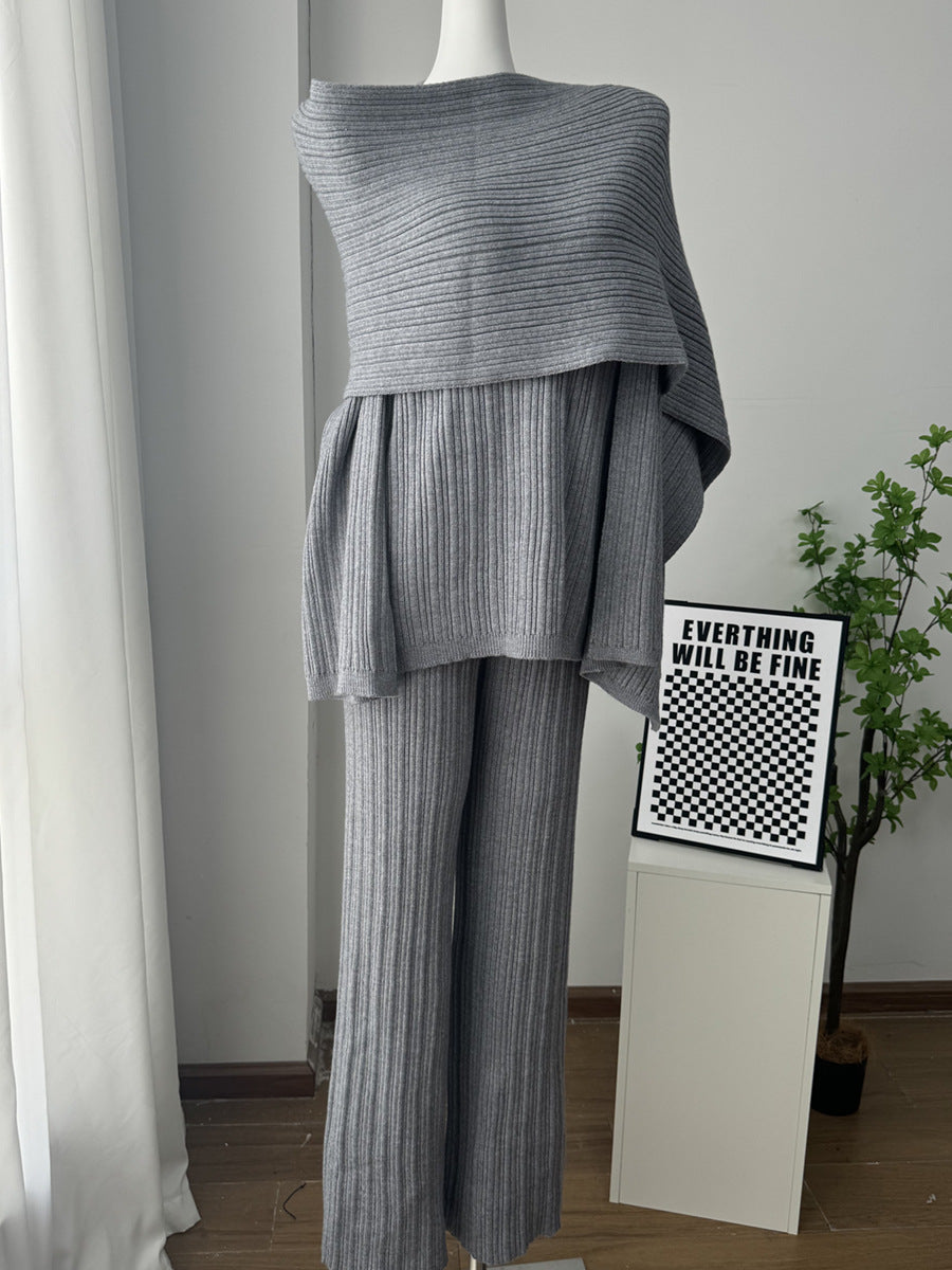 Three Piece Ribbed Sweater and Pants Set with Scarf in Heather Gray — complete three-piece set on a form
