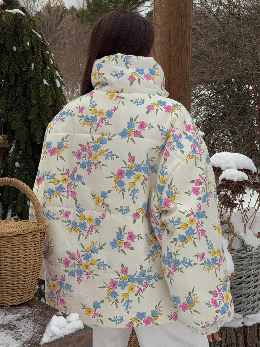 Floral Print Puffer Jacket with Stand Collar in Cream Floral — back view on model