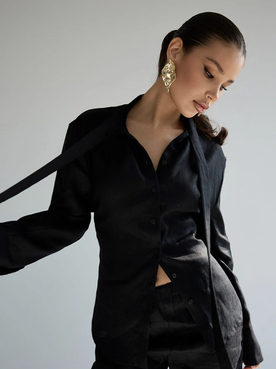 Cotton Tie-Neck Shirt with Lace-Up Back in Black — front view