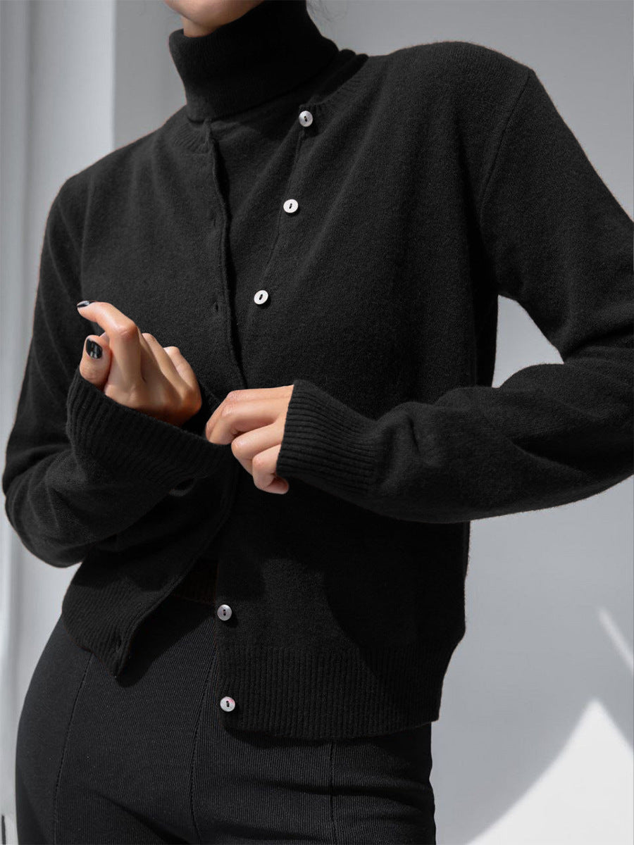 Sleeveless Turtleneck Knit Top & Cardigan Twin Set in Black — set on model