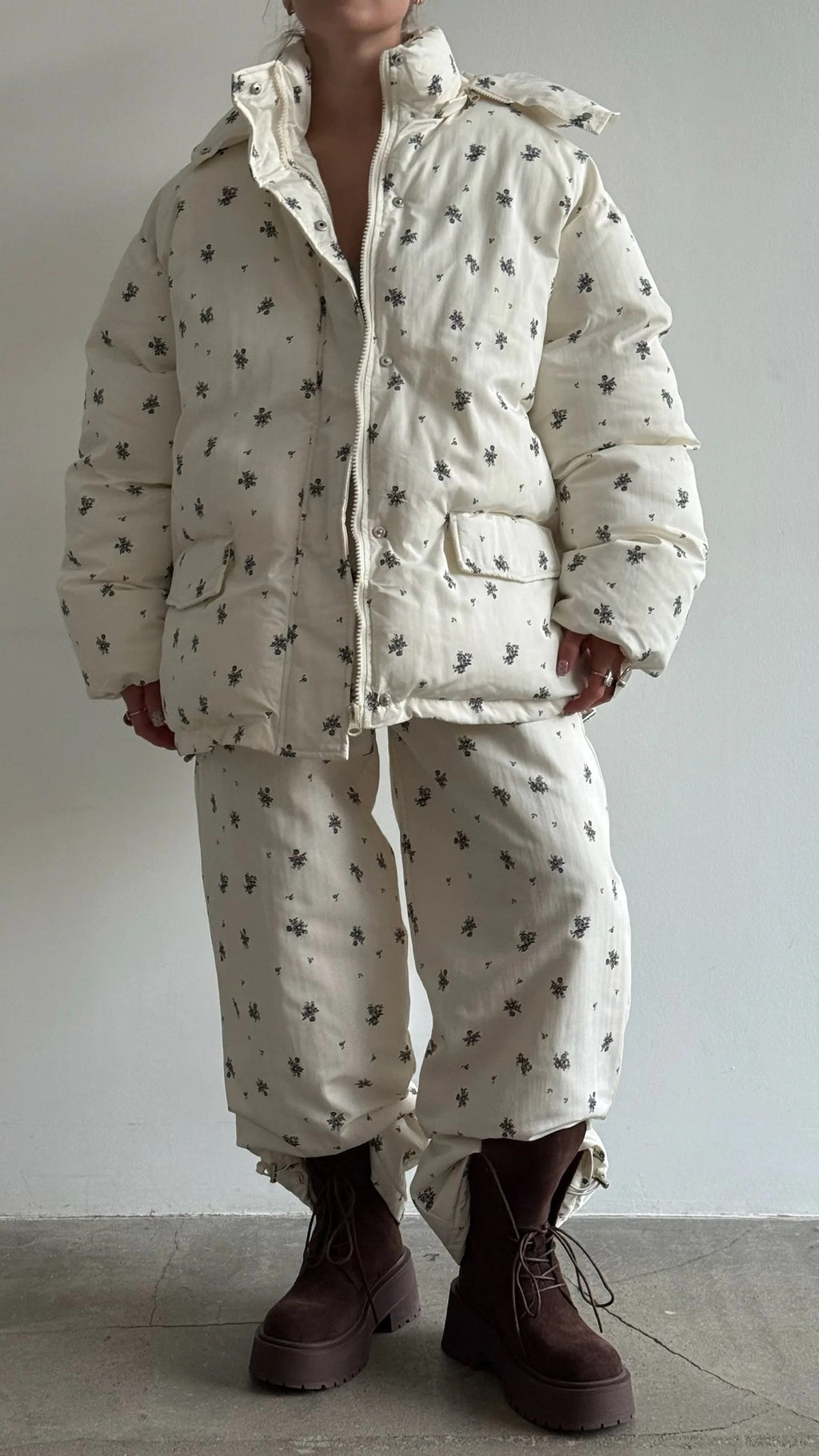 Floral Print Hooded Puffer Jacket & Drawstring Puffer Pants in Ivory Floral — jacket and pants worn together, front