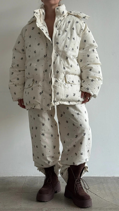 Floral Print Hooded Puffer Jacket & Drawstring Puffer Pants in Ivory Floral — jacket and pants worn together, front