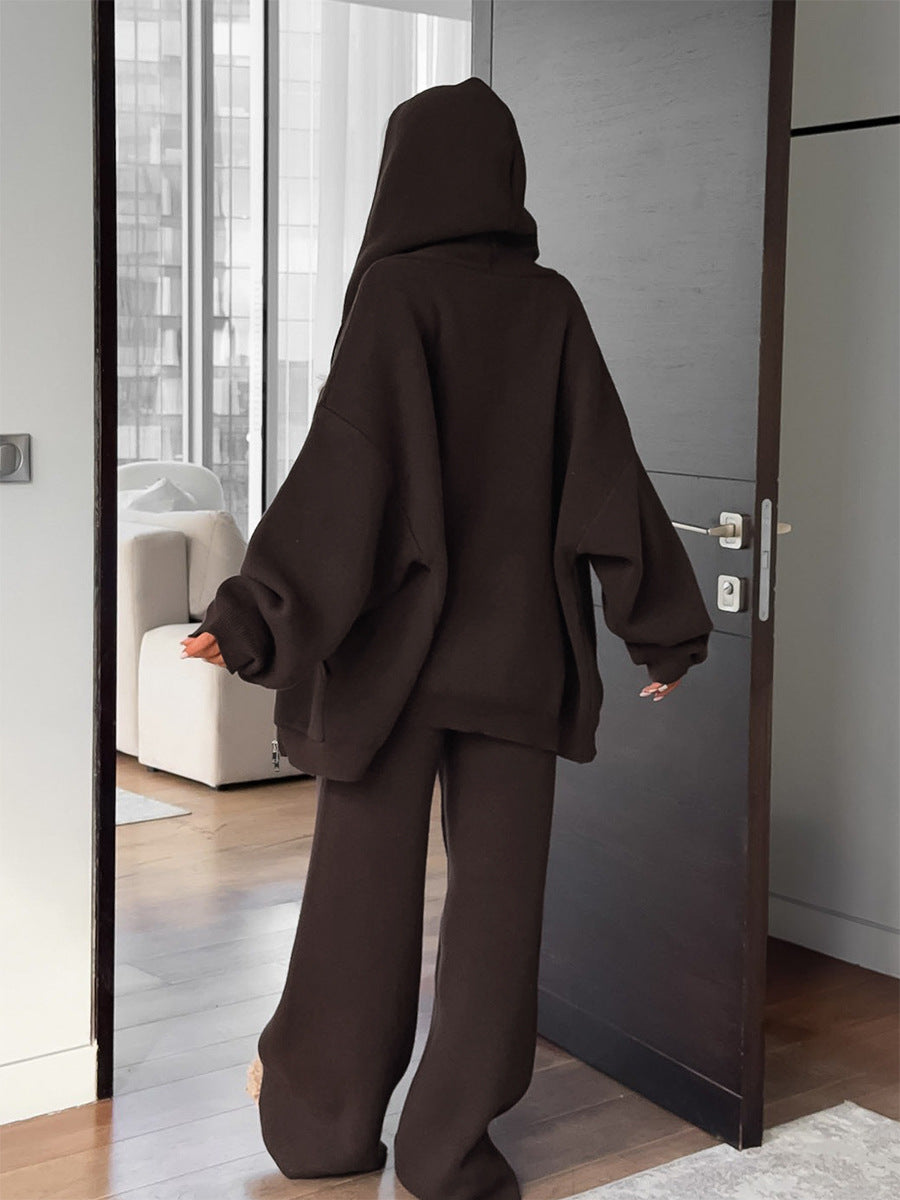 Oversized Hooded Zip-Up Knit & Drawstring Wide-Leg Pants Set in Chocolate — back view on model