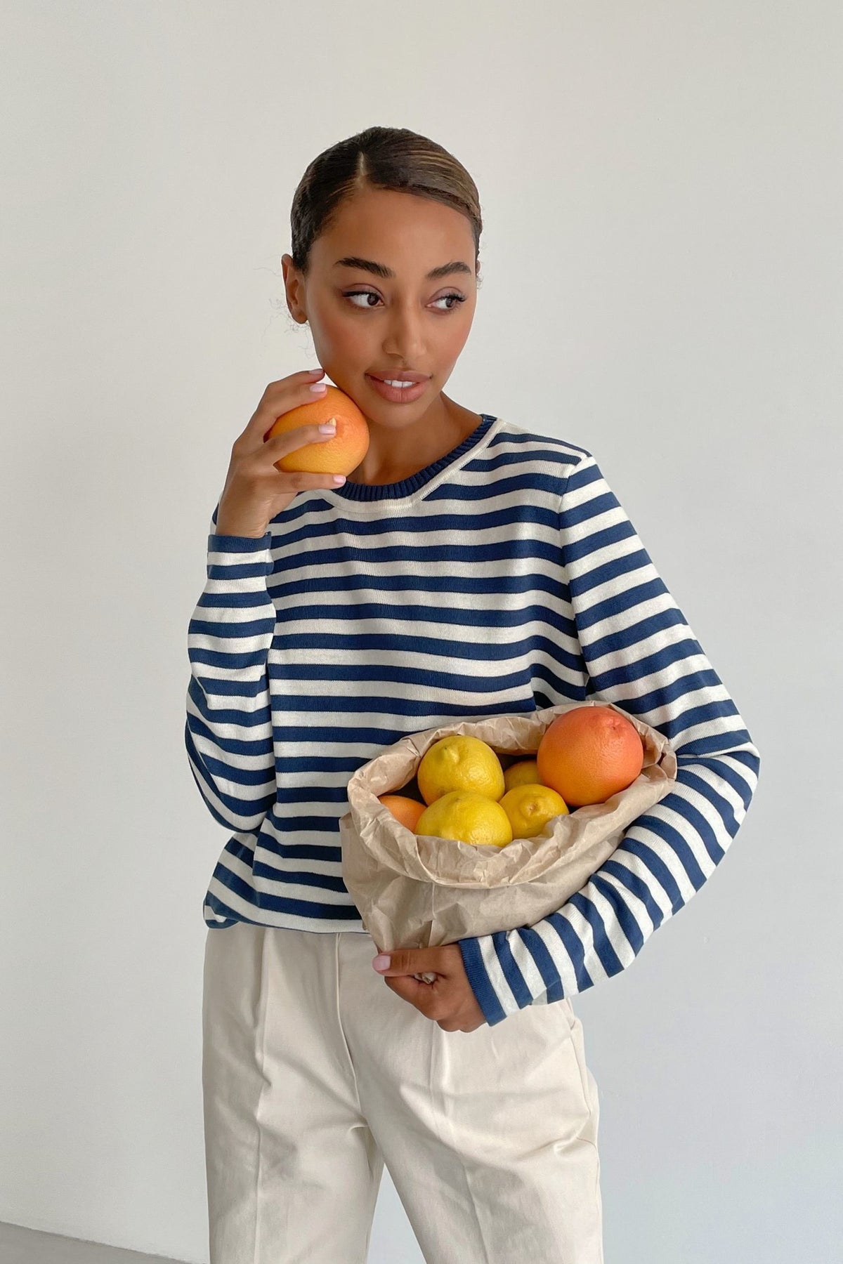 Relaxed Striped Crew Neck Sweater in Blue Stripe — on model