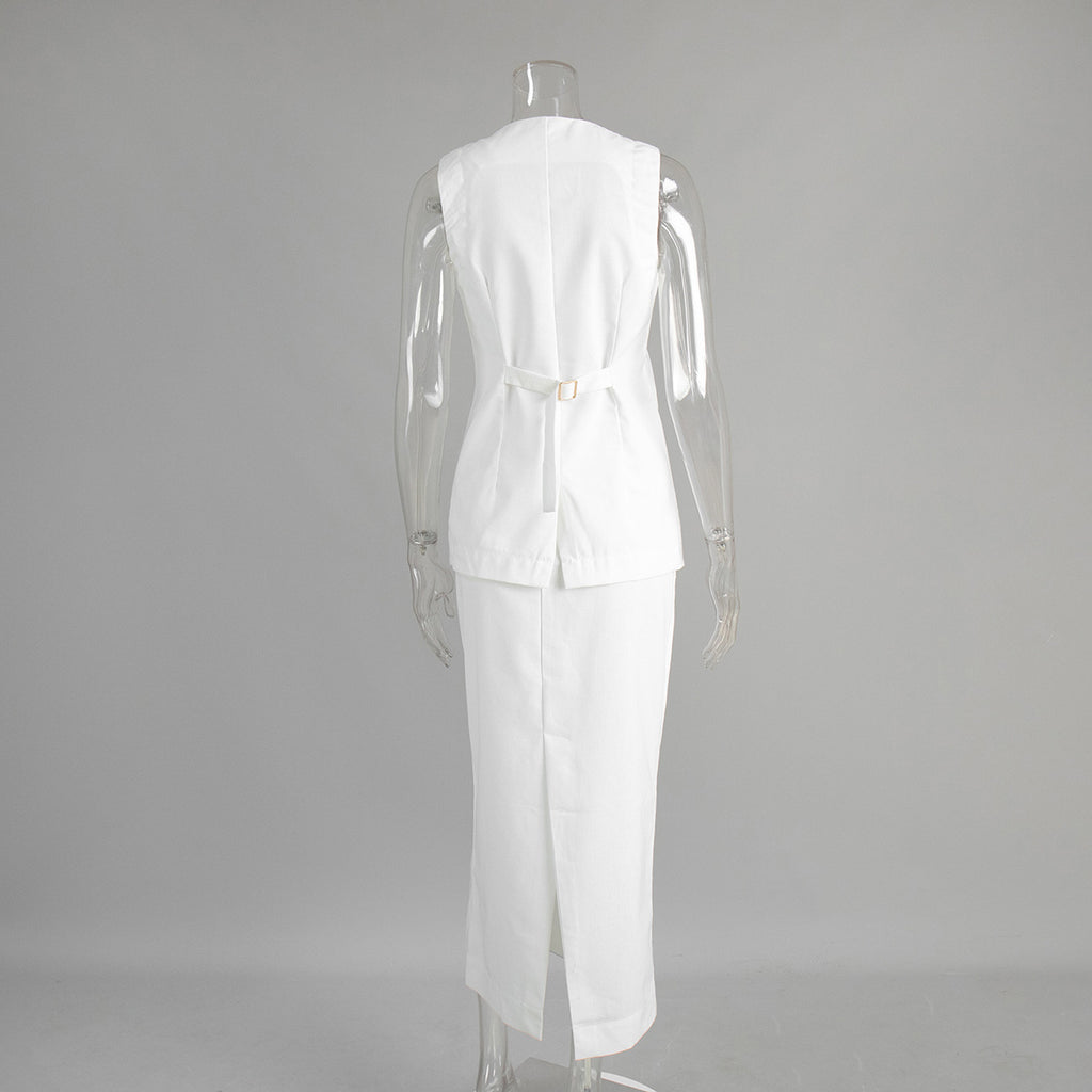 Linen-Blend Vest & Column Maxi Skirt Set in White — back view on mannequin