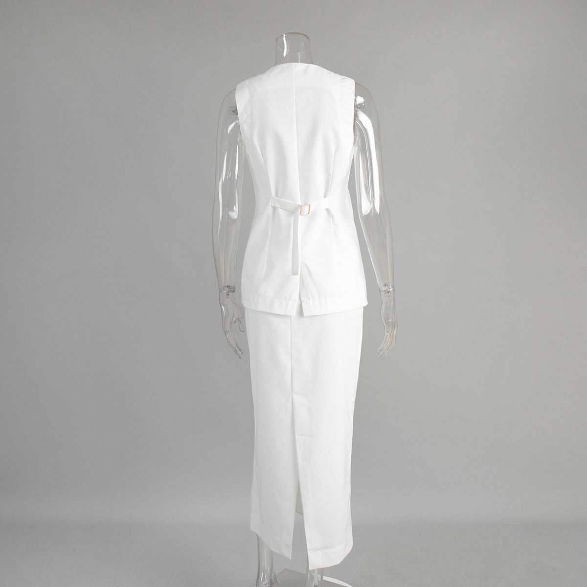 Linen-Blend Vest & Column Maxi Skirt Set in White — back view on mannequin