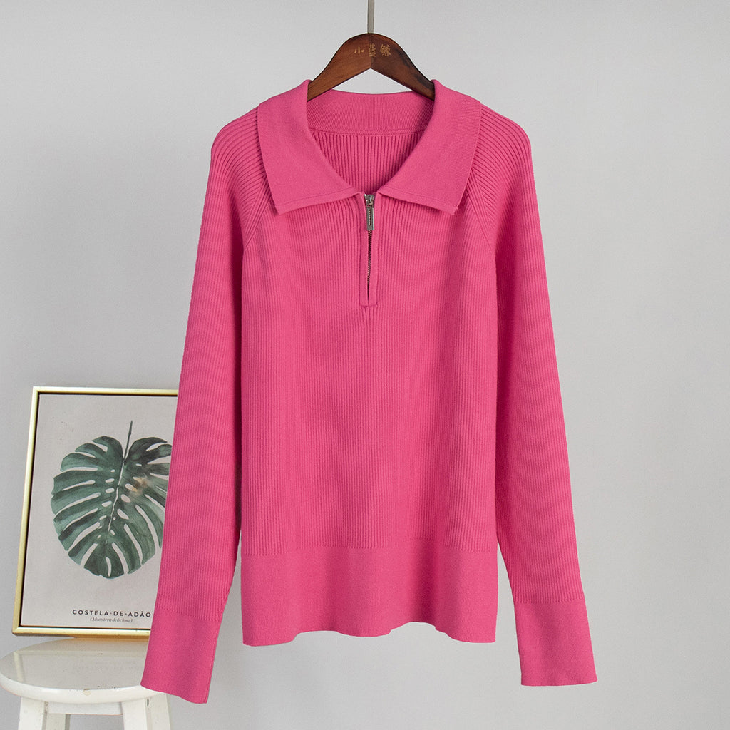 Quarter-Zip Polo Collar Ribbed Sweater in Hot Pink — front view