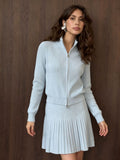 Zip-Up Knit Cardigan & Pleated Mini Skirt Set in Powder Blue — front view on model