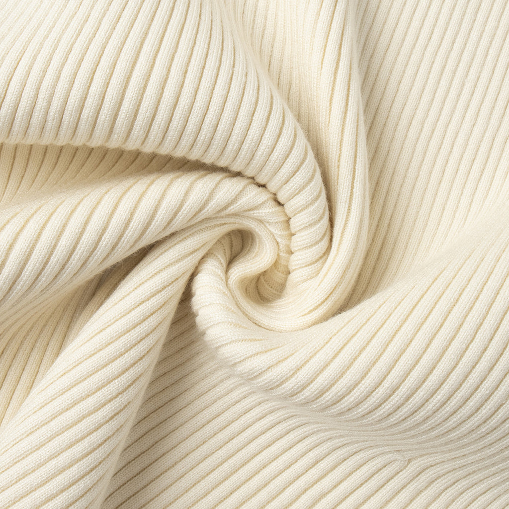 Ribbed Knit V-Neck Long Sleeve Maxi Dress in Cream — rib knit texture close-up