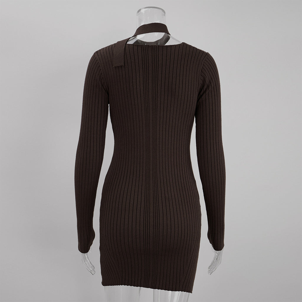 Ribbed V-Neck Knit Mini Dress with Skinny Scarf Tie in Chocolate — dress back view