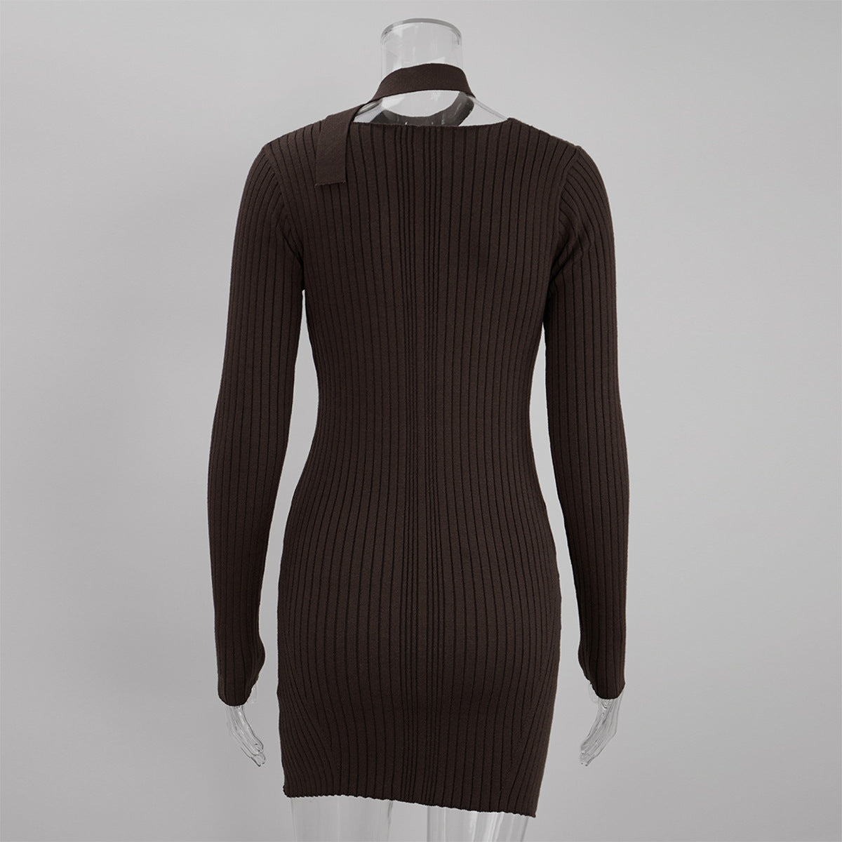 Ribbed V-Neck Knit Mini Dress with Skinny Scarf Tie in Chocolate — dress back view