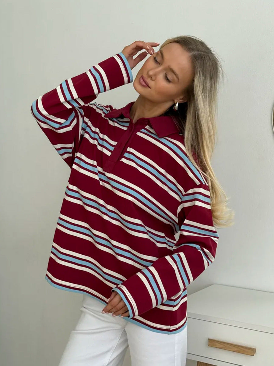 Relaxed Striped Long Sleeve Polo Shirt in Red Stripe — on model