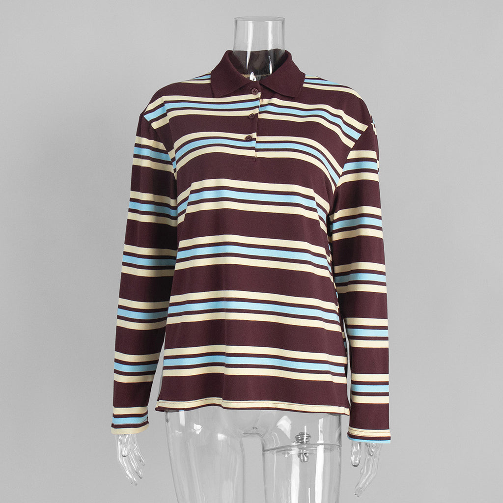 Relaxed Striped Long Sleeve Polo Shirt in Maroon Stripe — front view