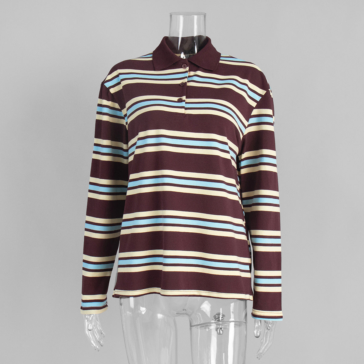 Relaxed Striped Long Sleeve Polo Shirt in Maroon Stripe — front view