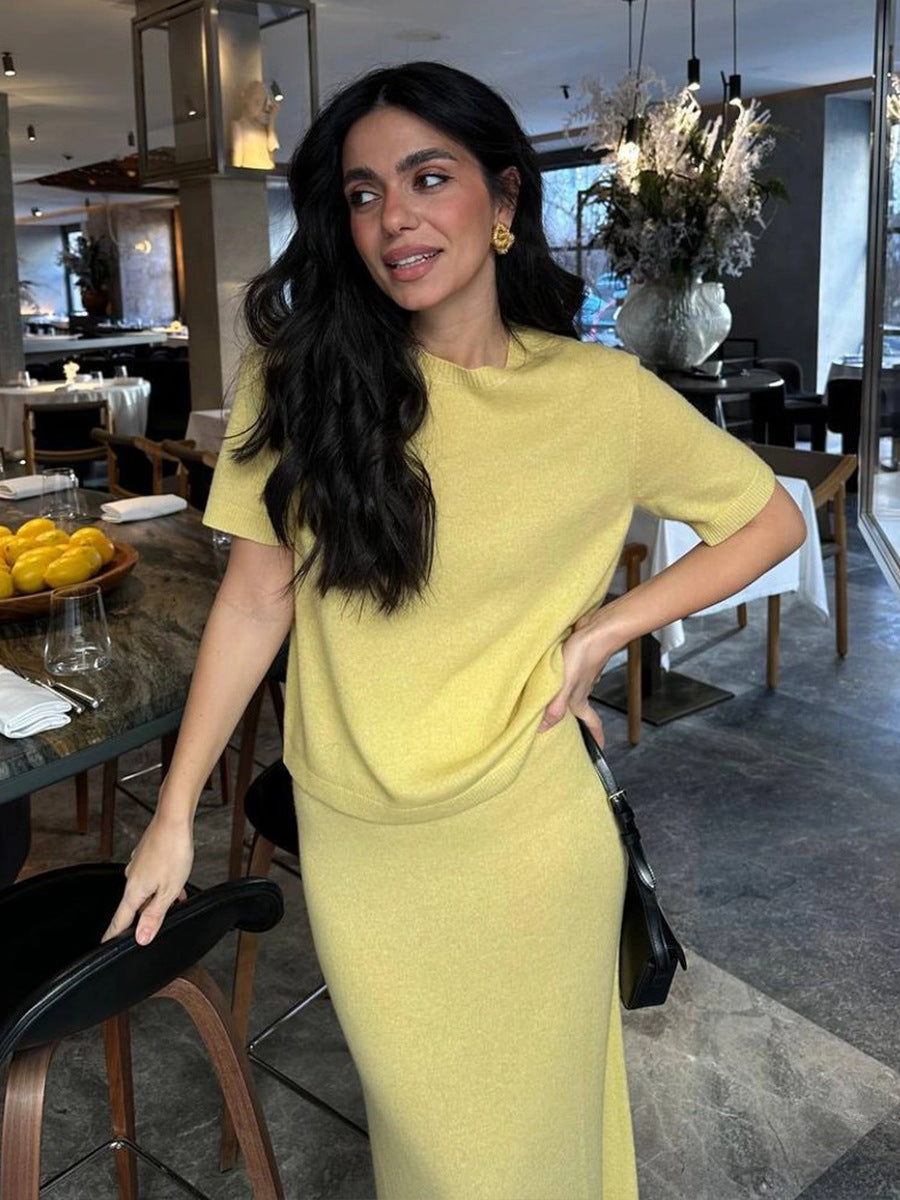 Short Sleeve Knit Top & Maxi Skirt Set in Butter Yellow — top close-up on model