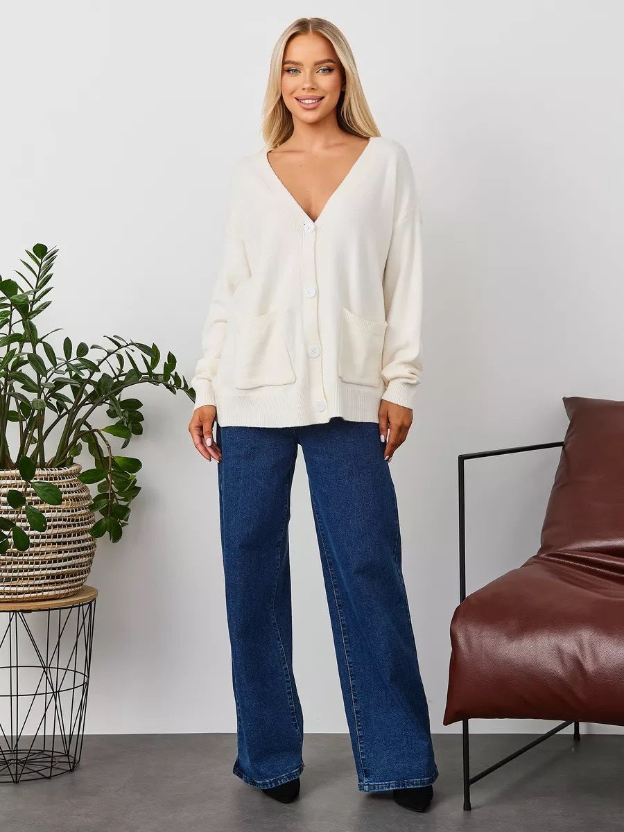 V-Neck Button Cardigan with Patch Pockets in Ivory — full-length view on model