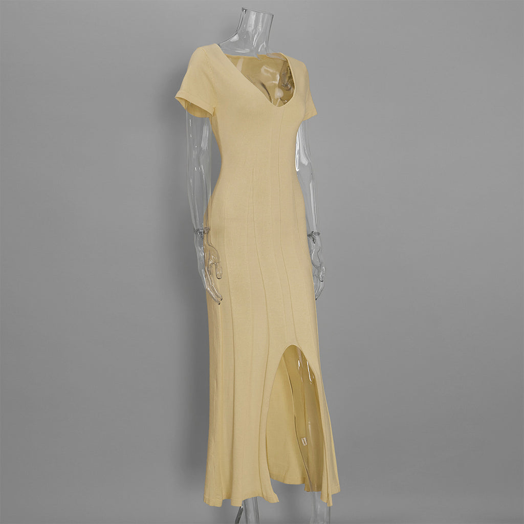Rib-Knit V-Neck Maxi Dress with Side Slit in Butter Yellow — side view on mannequin