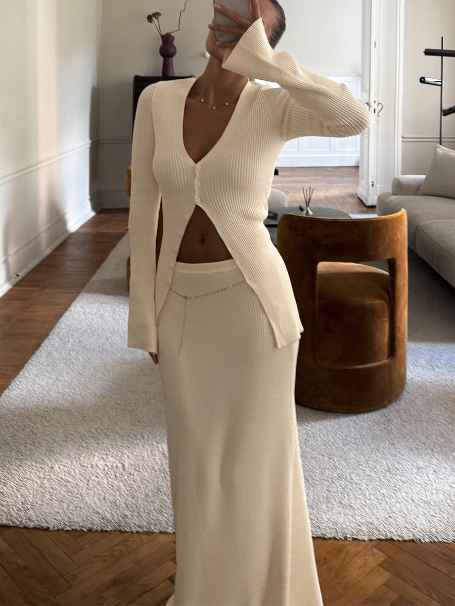 Ribbed V-Neck Button Cardigan & Fitted Knit Maxi Skirt Set in Ivory — front view with the cardigan hem open