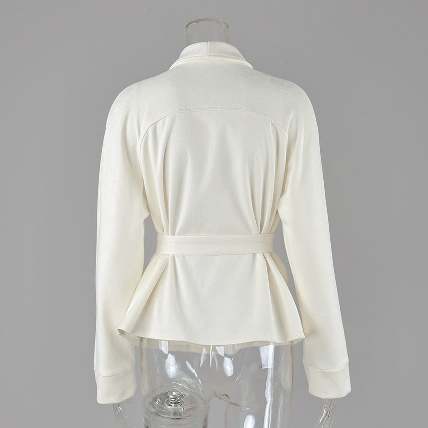 Belted Faux Suede Jacket with Shawl Collar in Ivory — back view on mannequin
