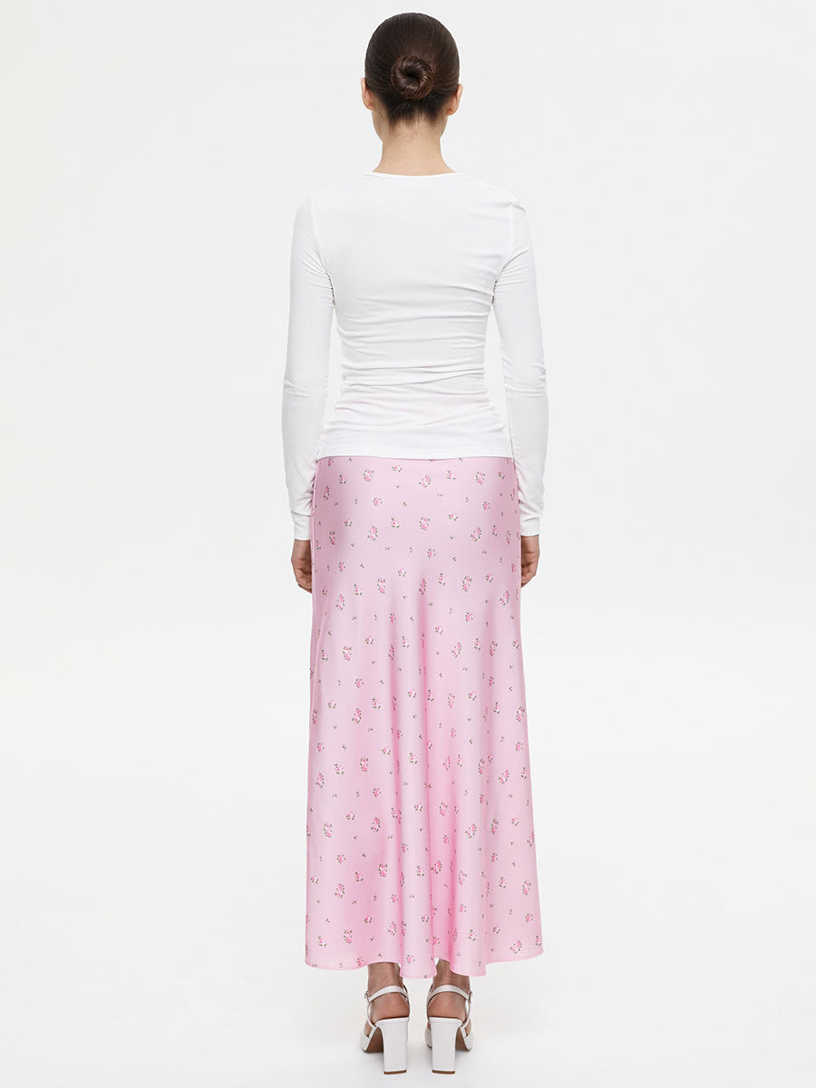 Floral Satin Maxi Skirt in Pink Floral — back studio view