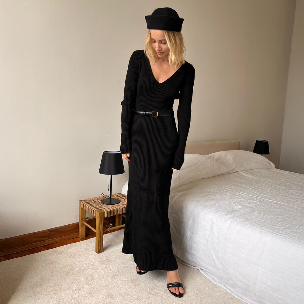 Ribbed Knit V-Neck Long Sleeve Maxi Dress in Black — on model, full length