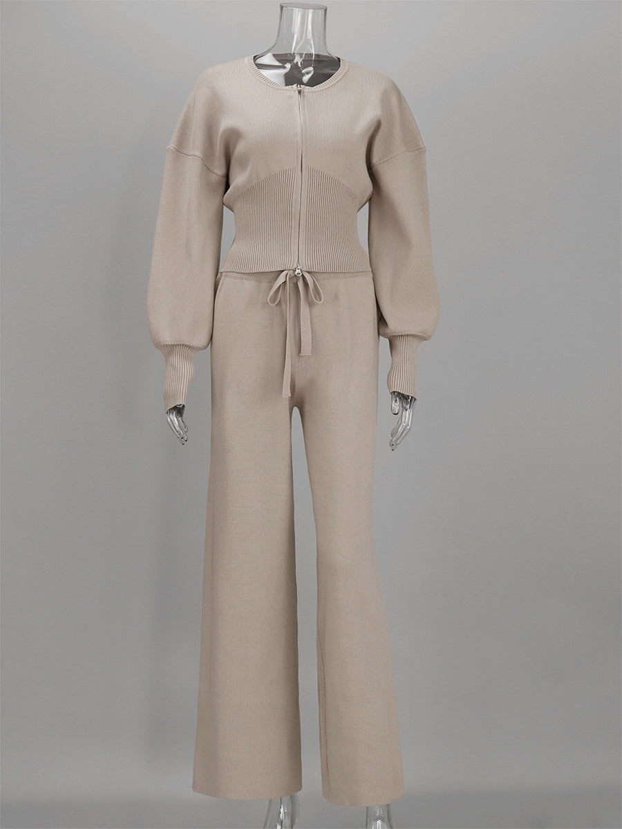 Zip-Front Balloon-Sleeve Knit Top & Drawstring Wide-Leg Pants Set in Oat — set front view