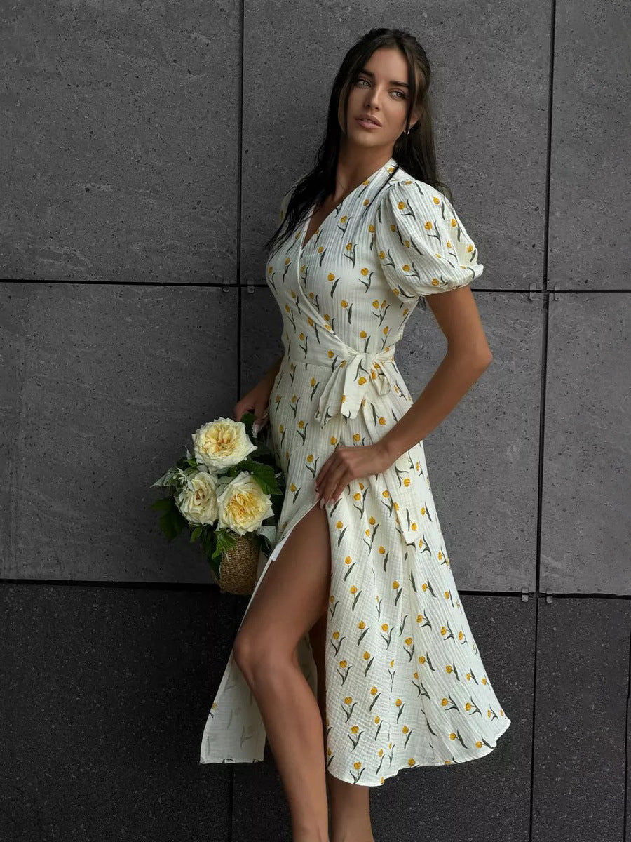 Cotton Puff-Sleeve Wrap Midi Dress in Yellow Floral — outdoor walking view