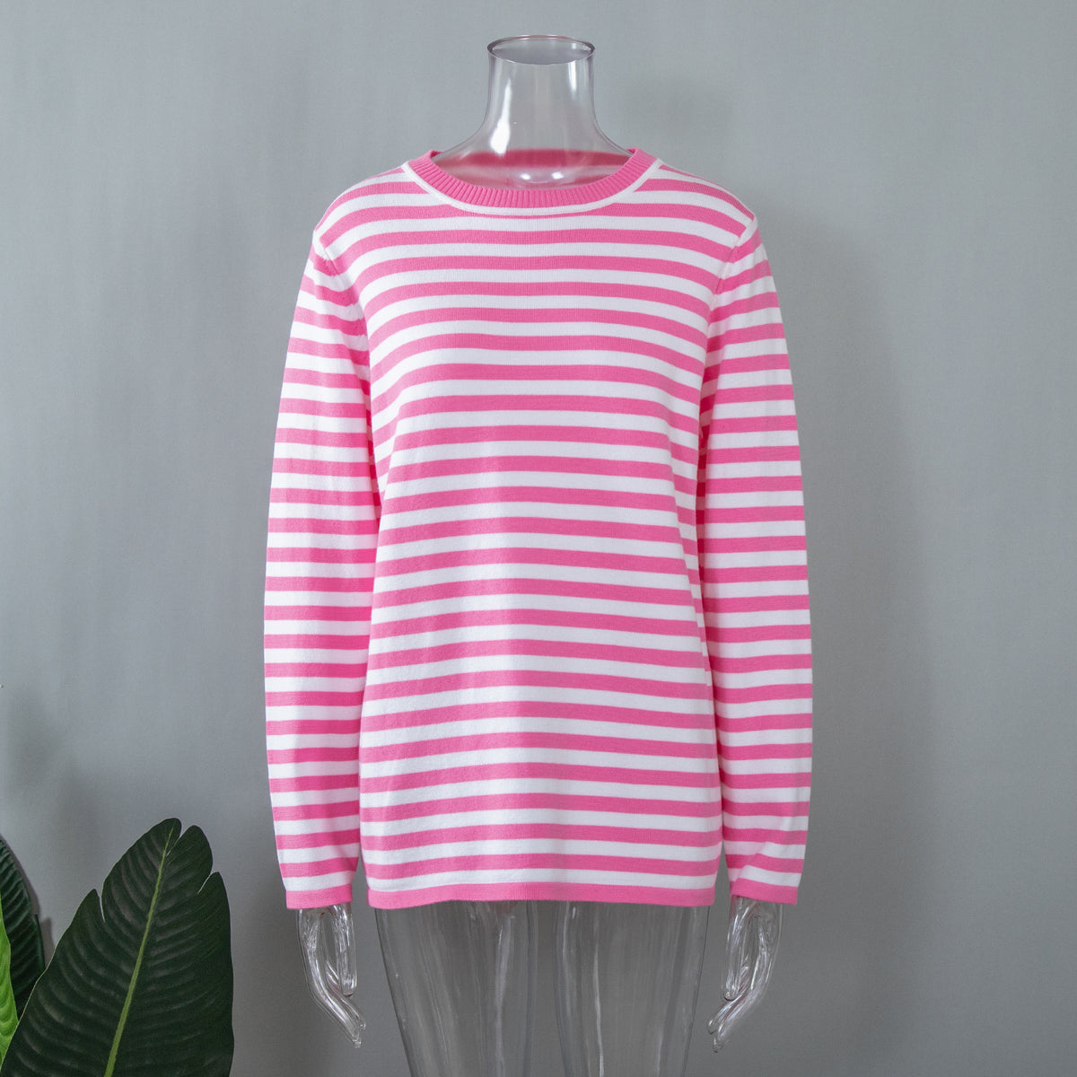 Relaxed Striped Crew Neck Sweater in Pink Stripe — front view