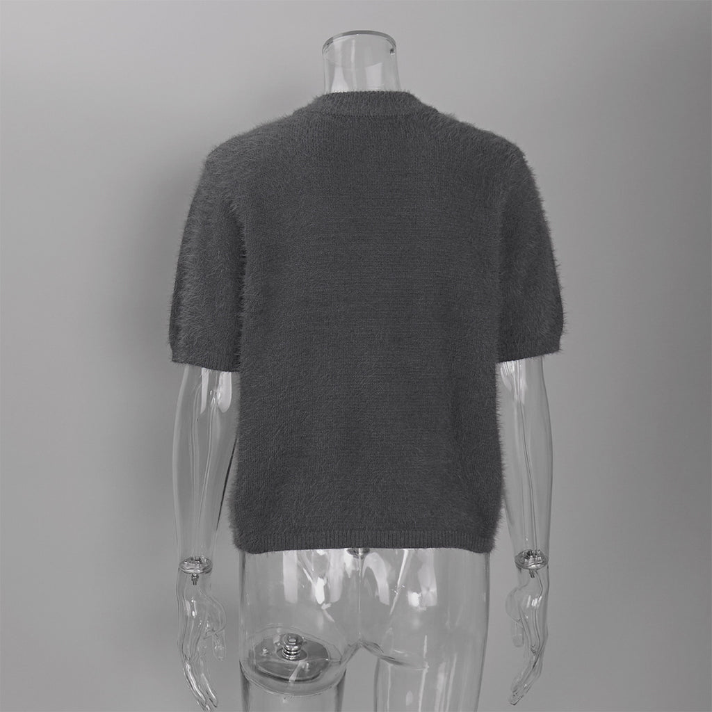 Fuzzy Knit Short Sleeve Cardigan with Mock Neck in Charcoal — back view on mannequin