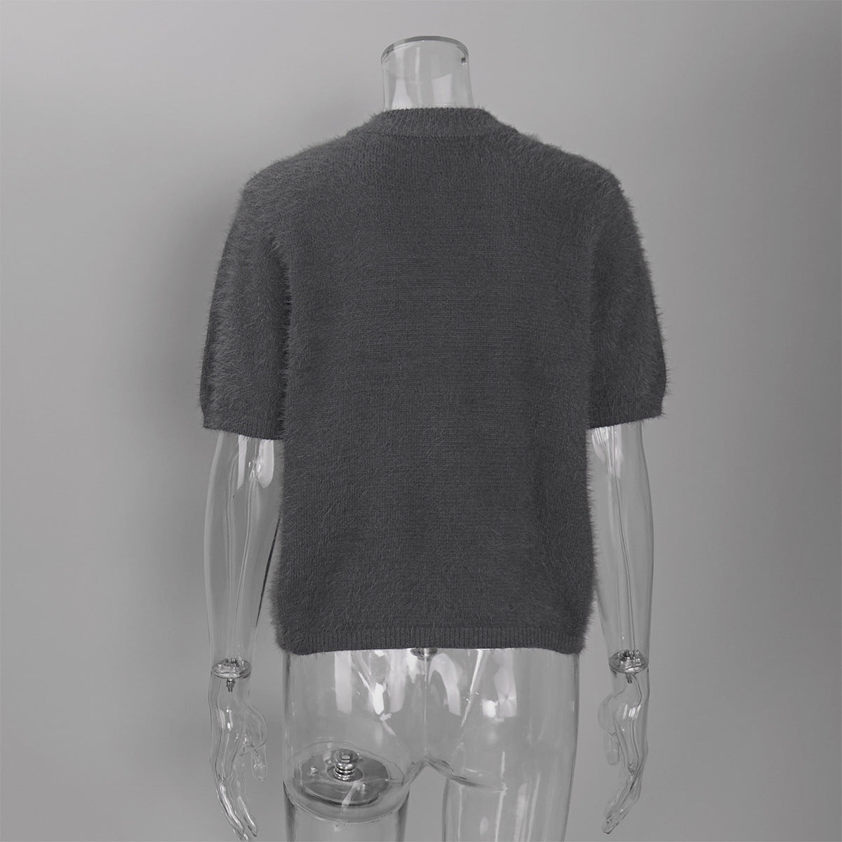 Fuzzy Knit Short Sleeve Cardigan with Mock Neck in Charcoal — back view on mannequin
