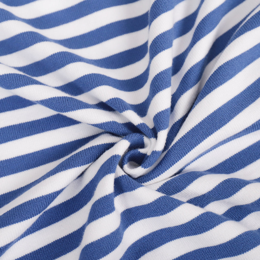 Relaxed Striped Crew Neck Sweater in Blue Stripe — knit texture close-up