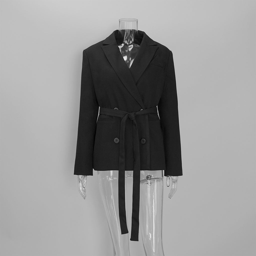 Oversized Double-Breasted Belted Blazer Jacket in Black — blazer front view with belt