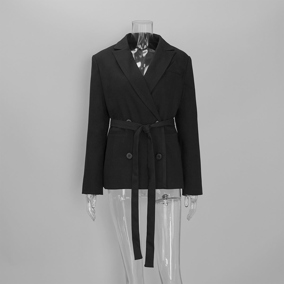 Oversized Double-Breasted Belted Blazer Jacket in Black — blazer front view with belt