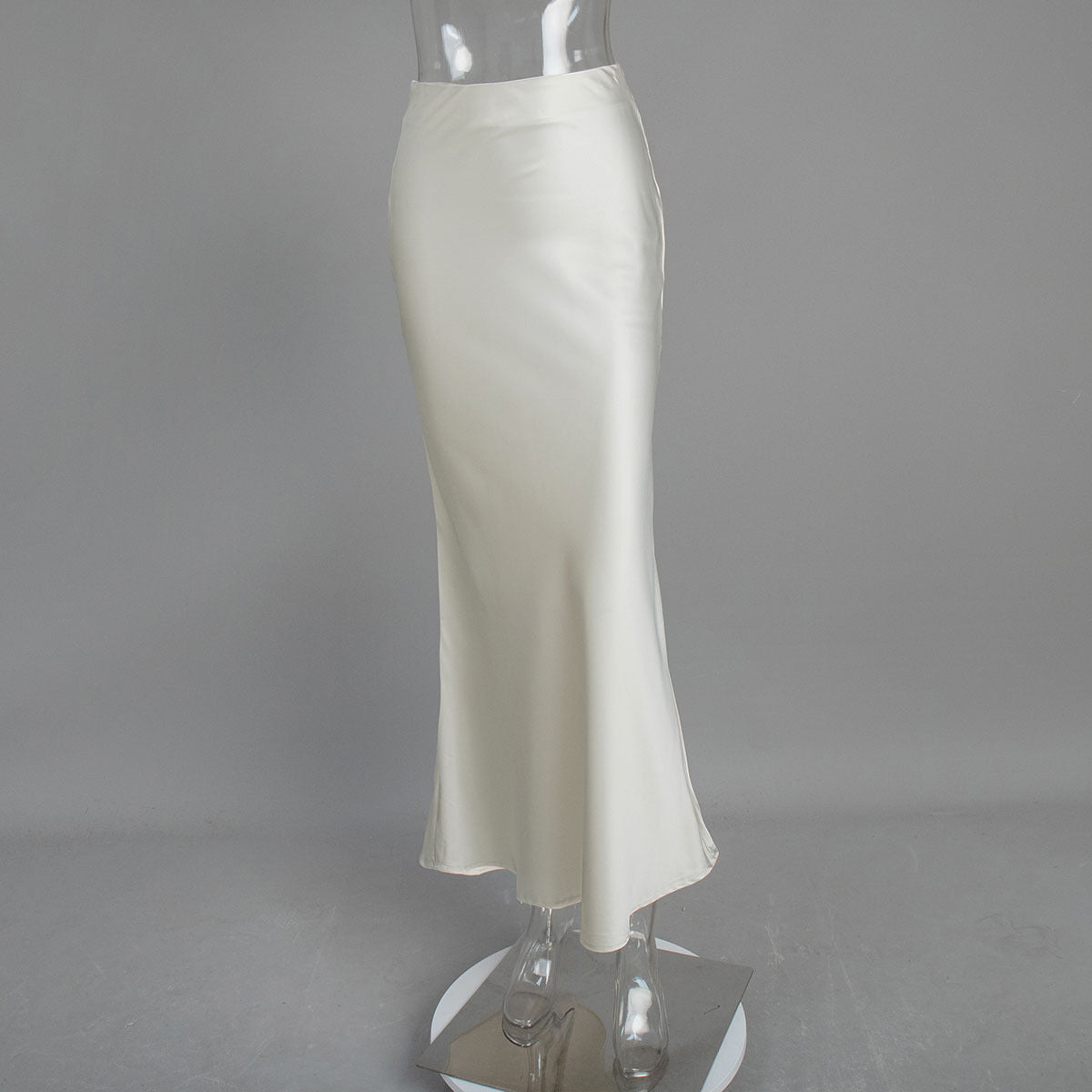 Satin Fishtail Maxi Skirt in Ivory — front view on mannequin