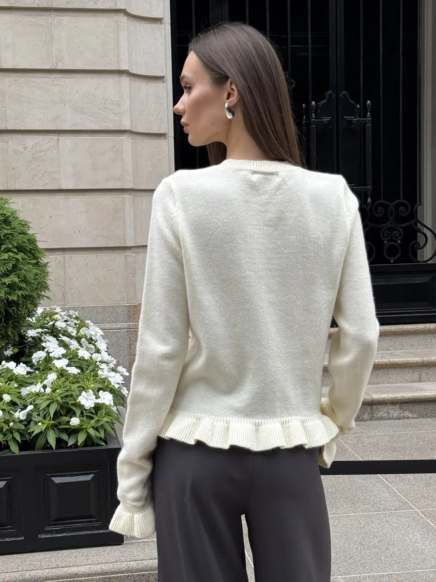 Ruffle-Trim Button-Front Knit Cardigan in Ivory — back view showing the ruffled hem