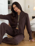Stand-Collar Zip-Up Knit Sweater & Wide-Leg Pants Set in Chocolate — full view on model