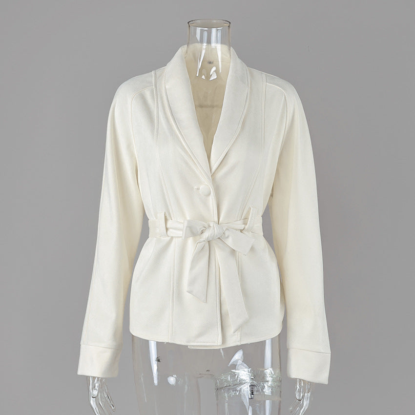 Belted Faux Suede Jacket with Shawl Collar in Ivory — front view on mannequin