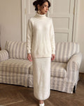 Fuzzy Turtleneck Sweater and Maxi Skirt Set in Ivory — front view of the sweater and skirt on model