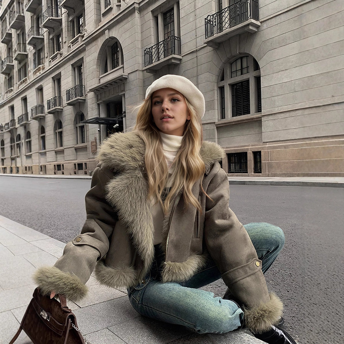 Cropped Faux Suede Shearling Jacket with Faux Fur Collar in Olive — seated on model, showing the cropped length