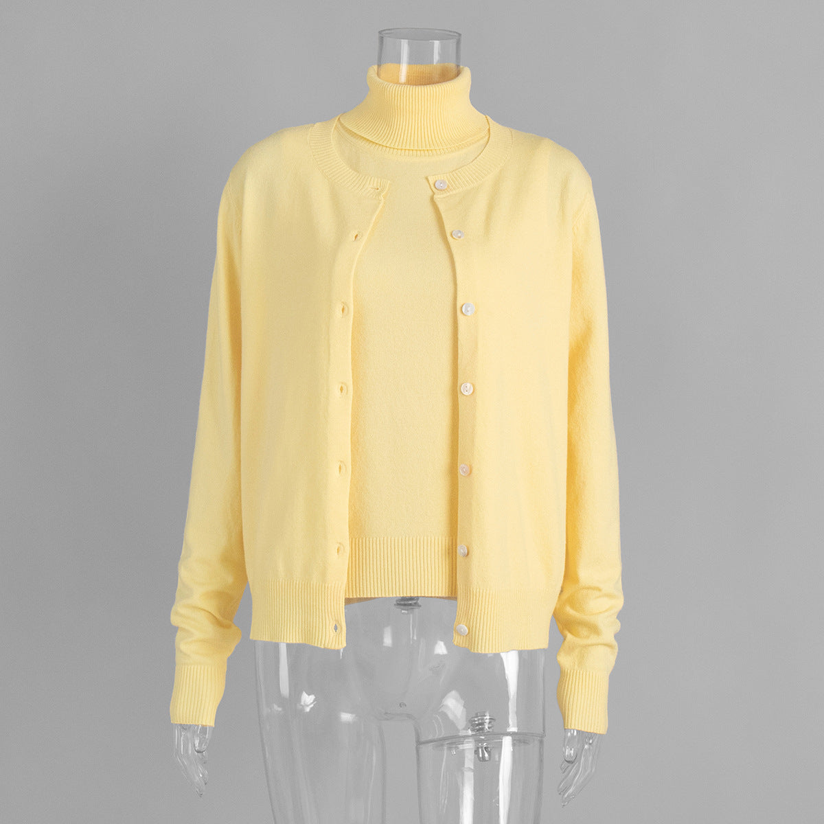 Sleeveless Turtleneck Knit Top & Cardigan Twin Set in Butter Yellow (Set (Top + Cardigan)) — front view