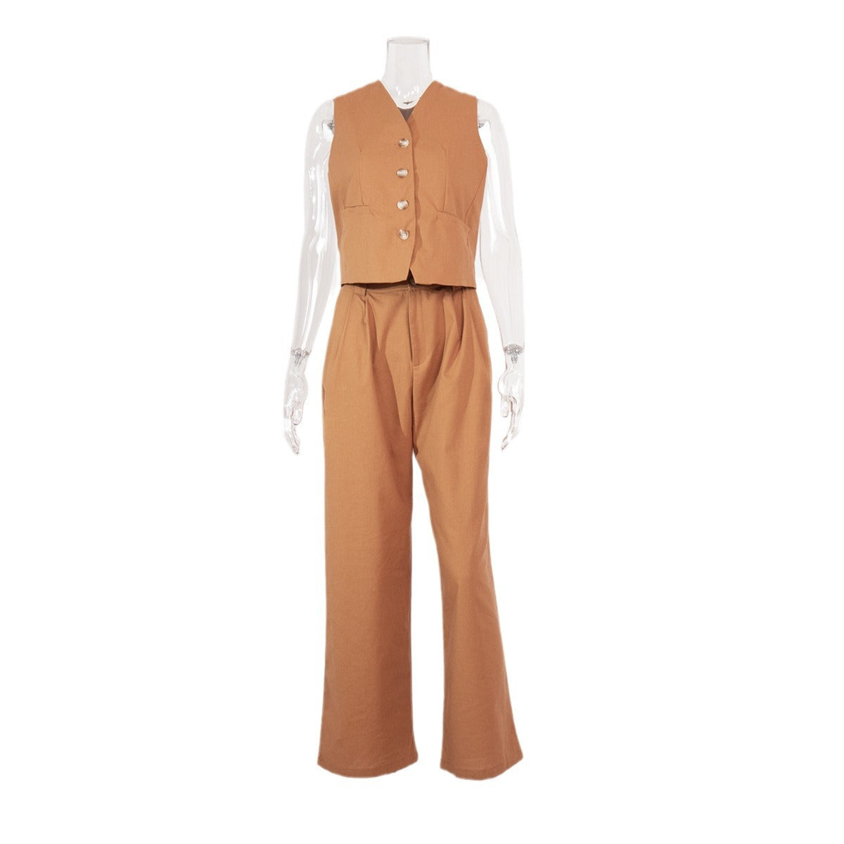 Linen-Blend Vest & Wide-Leg Pants Set in Burnt Orange — front view on mannequin