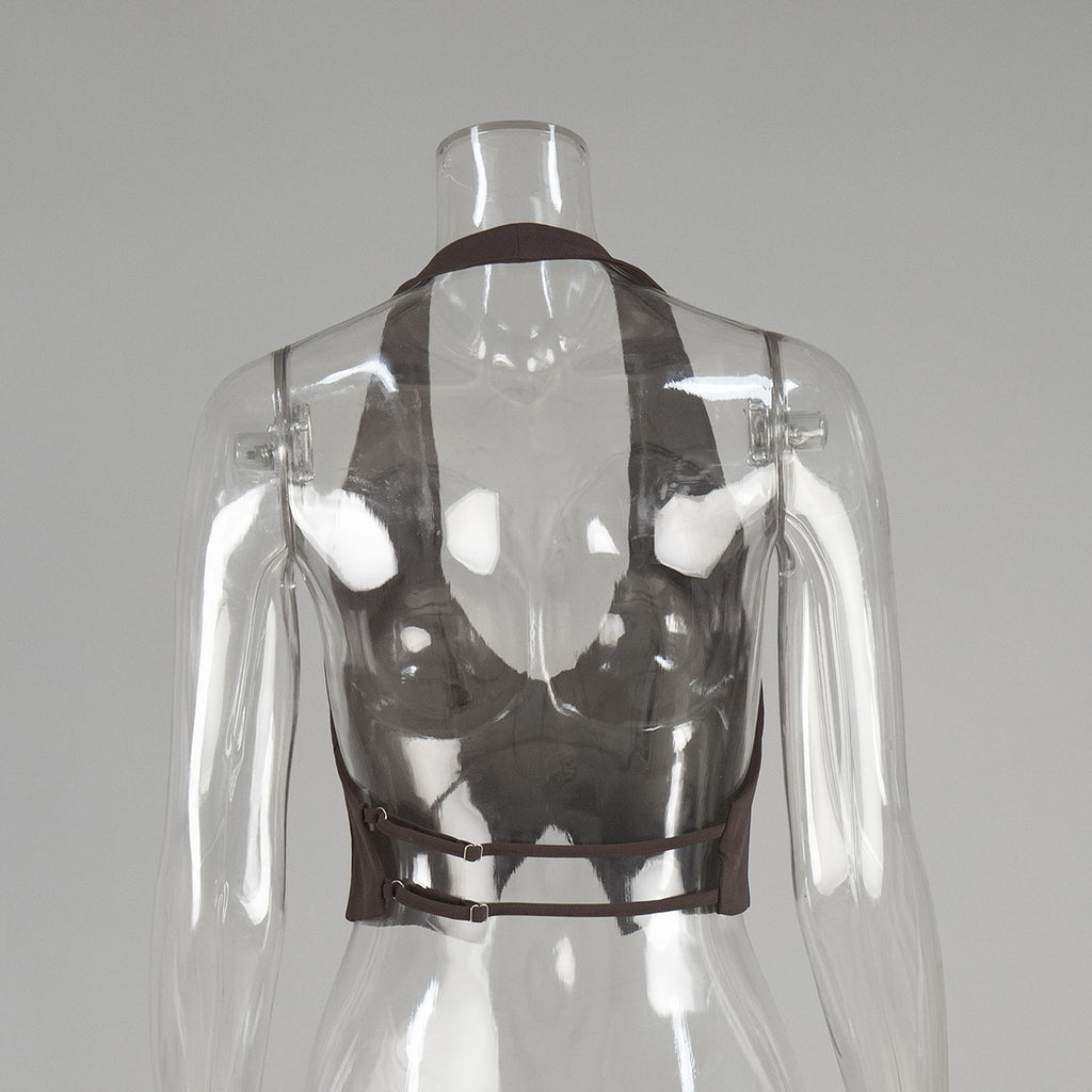 Open-Back Halter Crop Vest in Cocoa — three-quarter view on mannequin
