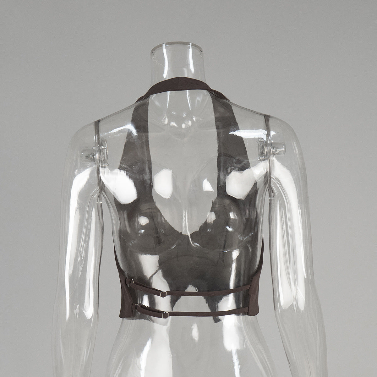 Open-Back Halter Crop Vest in Cocoa — three-quarter view on mannequin