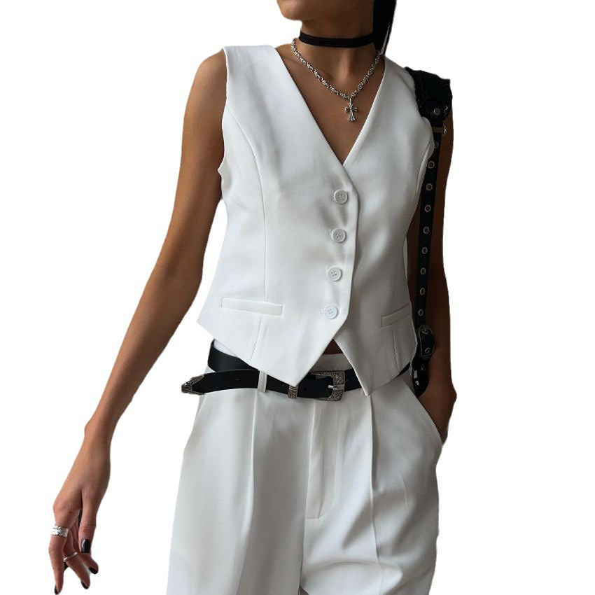 V-Neck Vest & Pleated Shorts Set in White — front view on model, cutout