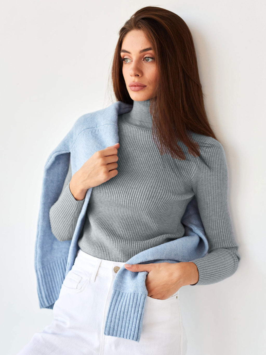 Fitted Ribbed Turtleneck Sweater in Gray — layered with a sweater over the shoulders