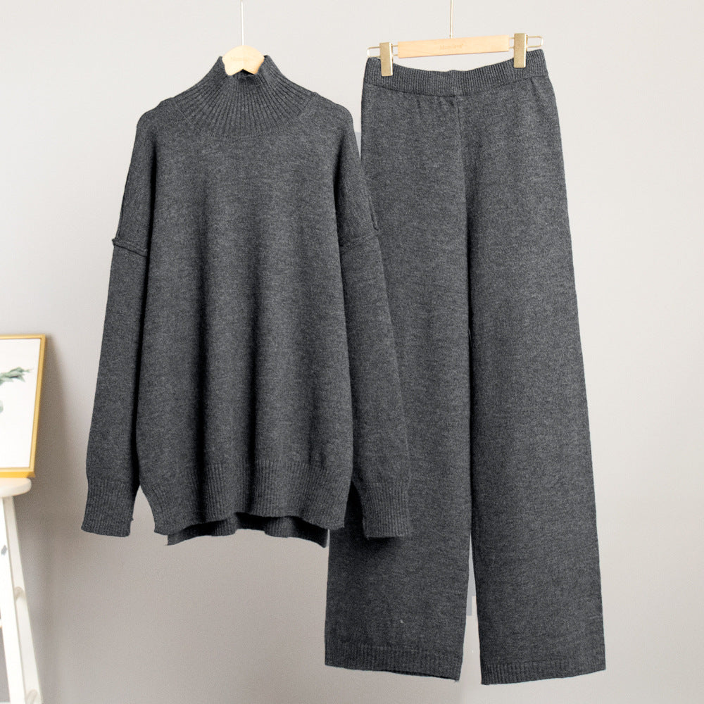 Oversized Turtleneck Sweater & Wide-Leg Knit Pants Set in Charcoal — set on hanger