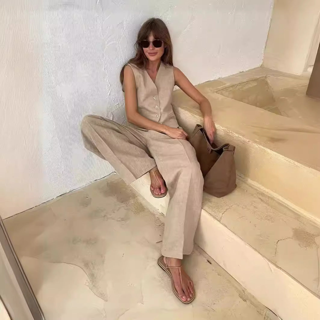 Linen-Blend Vest & Wide-Leg Pants Set in Khaki — seated view on model