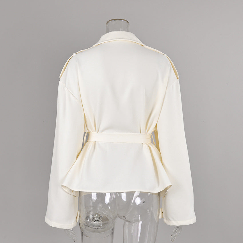 Belted Twill Utility Jacket with Epaulettes in Ivory — back view on mannequin