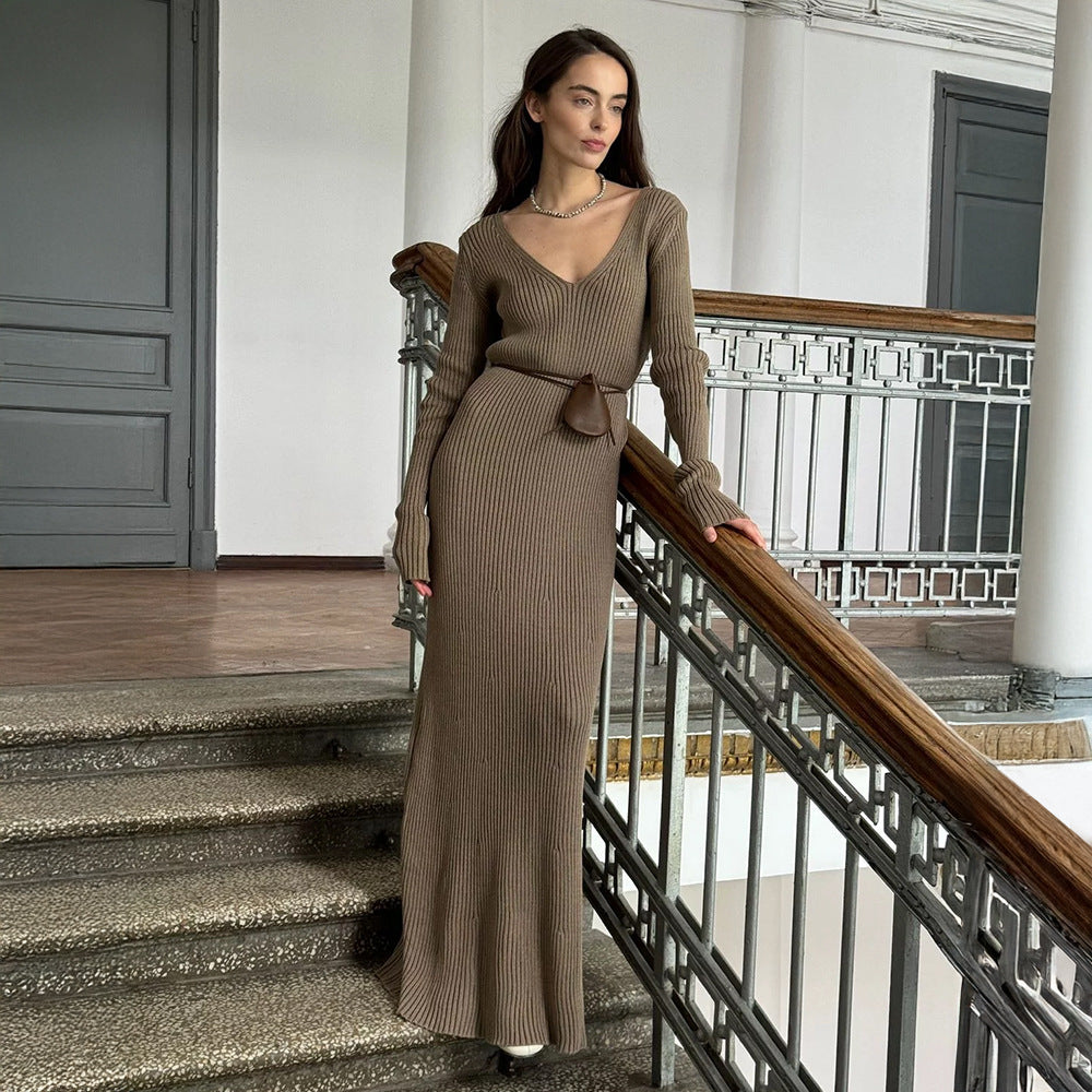 Ribbed Knit V-Neck Long Sleeve Maxi Dress in Taupe — on model, styled with a belt